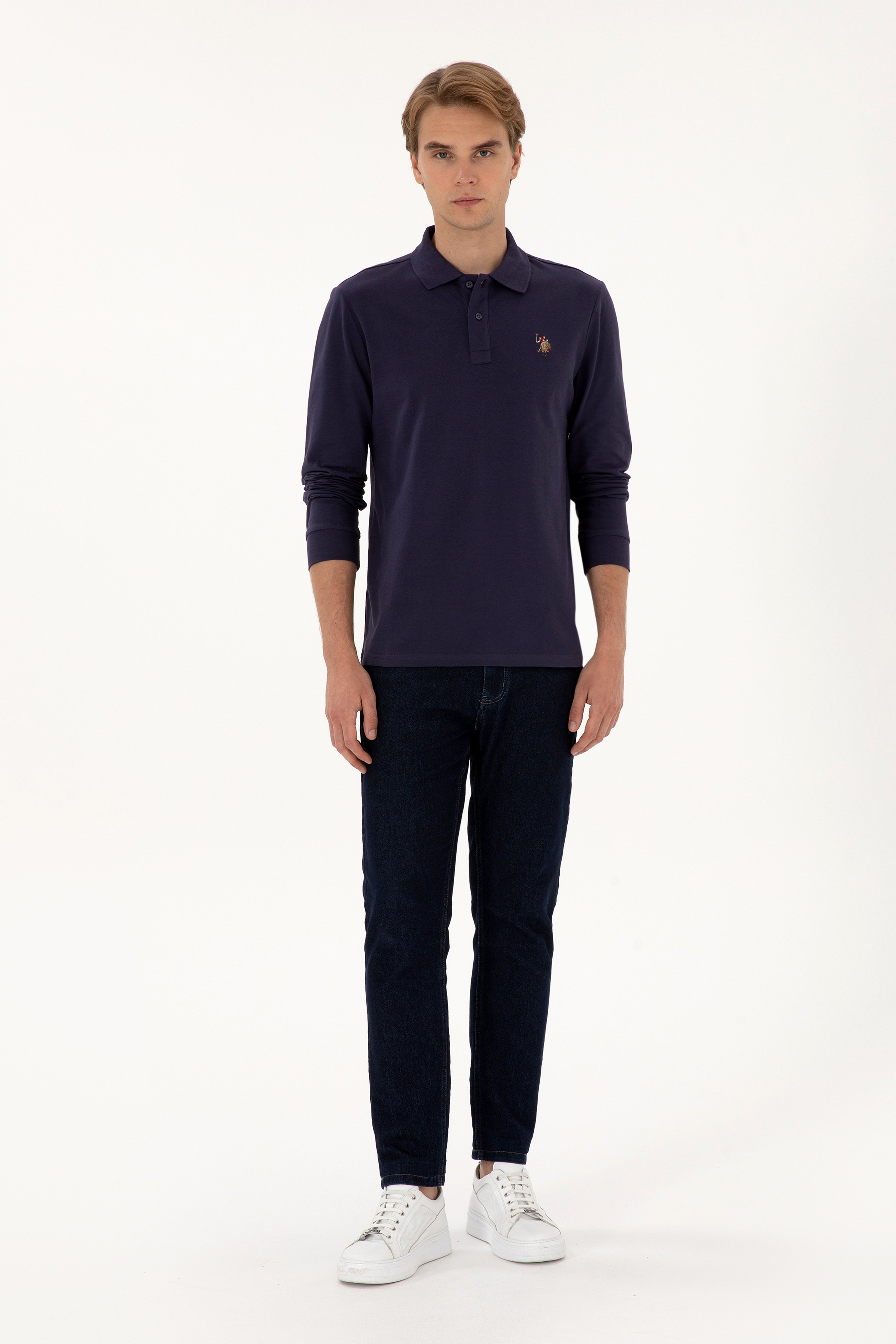 Erkek Regular Fit Polo Yaka Mürdüm Basic Sweatshirt - Image 4