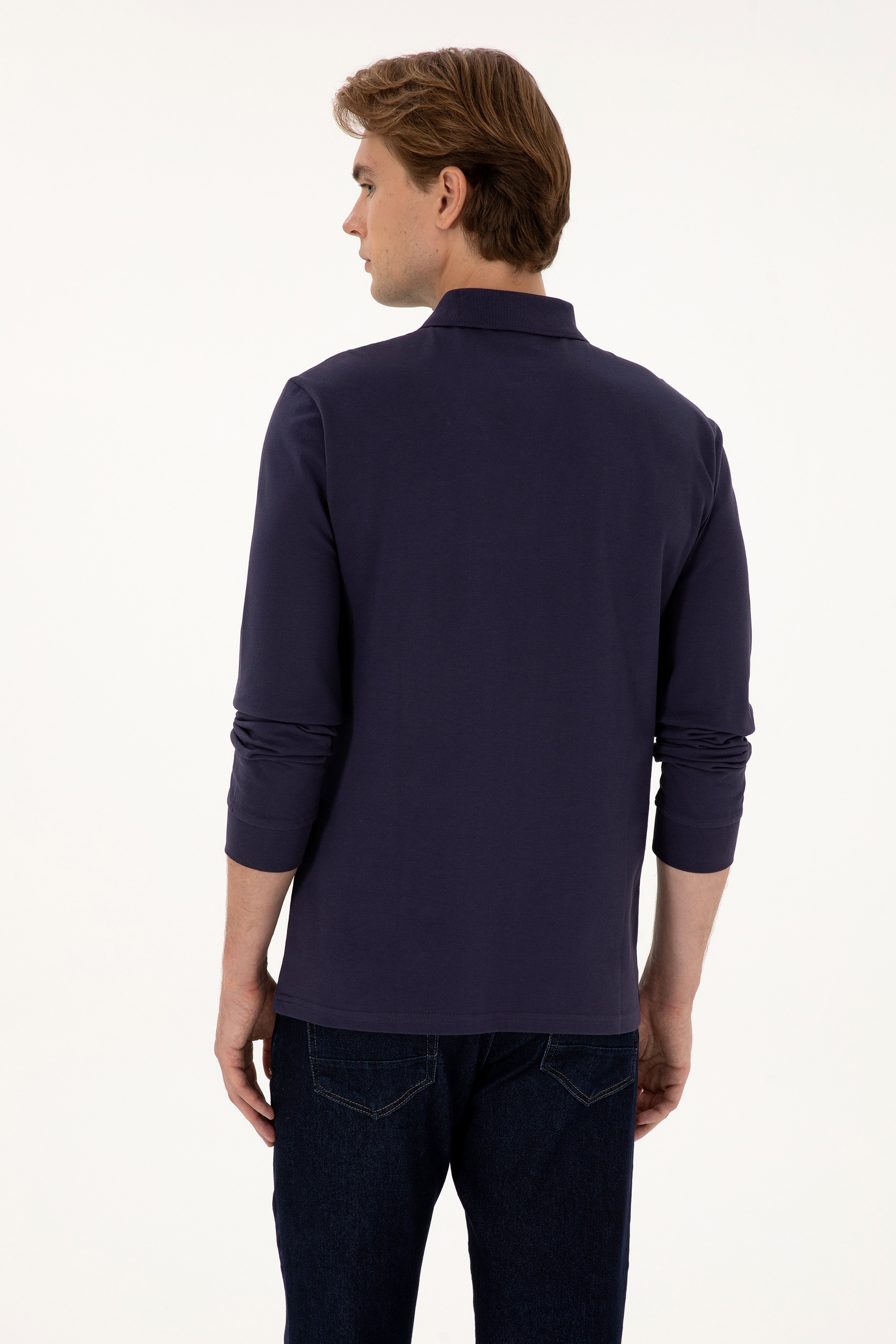 Erkek Regular Fit Polo Yaka Mürdüm Basic Sweatshirt