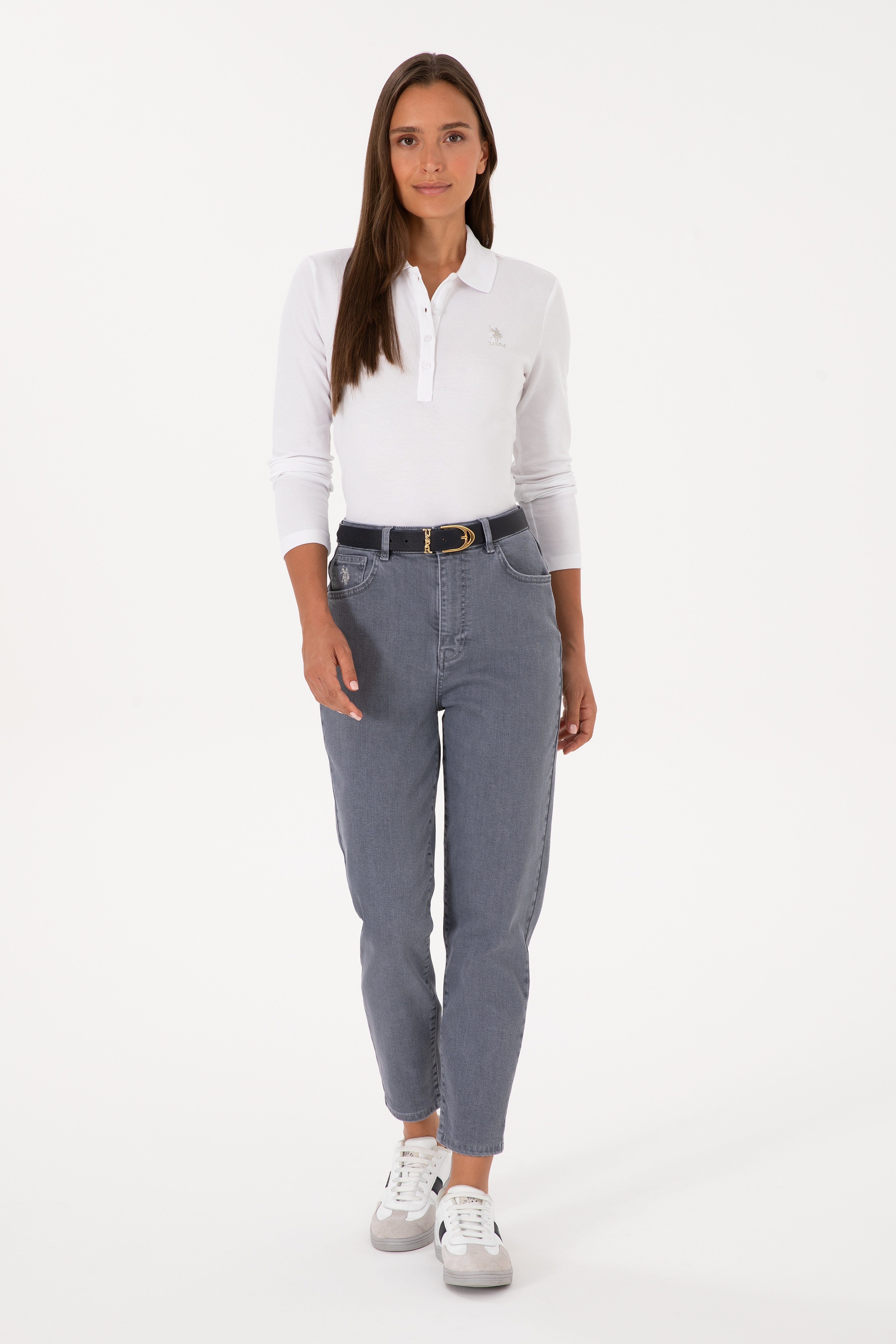 Kadın Beyaz Basic Polo Yaka Sweatshırt - Image 4