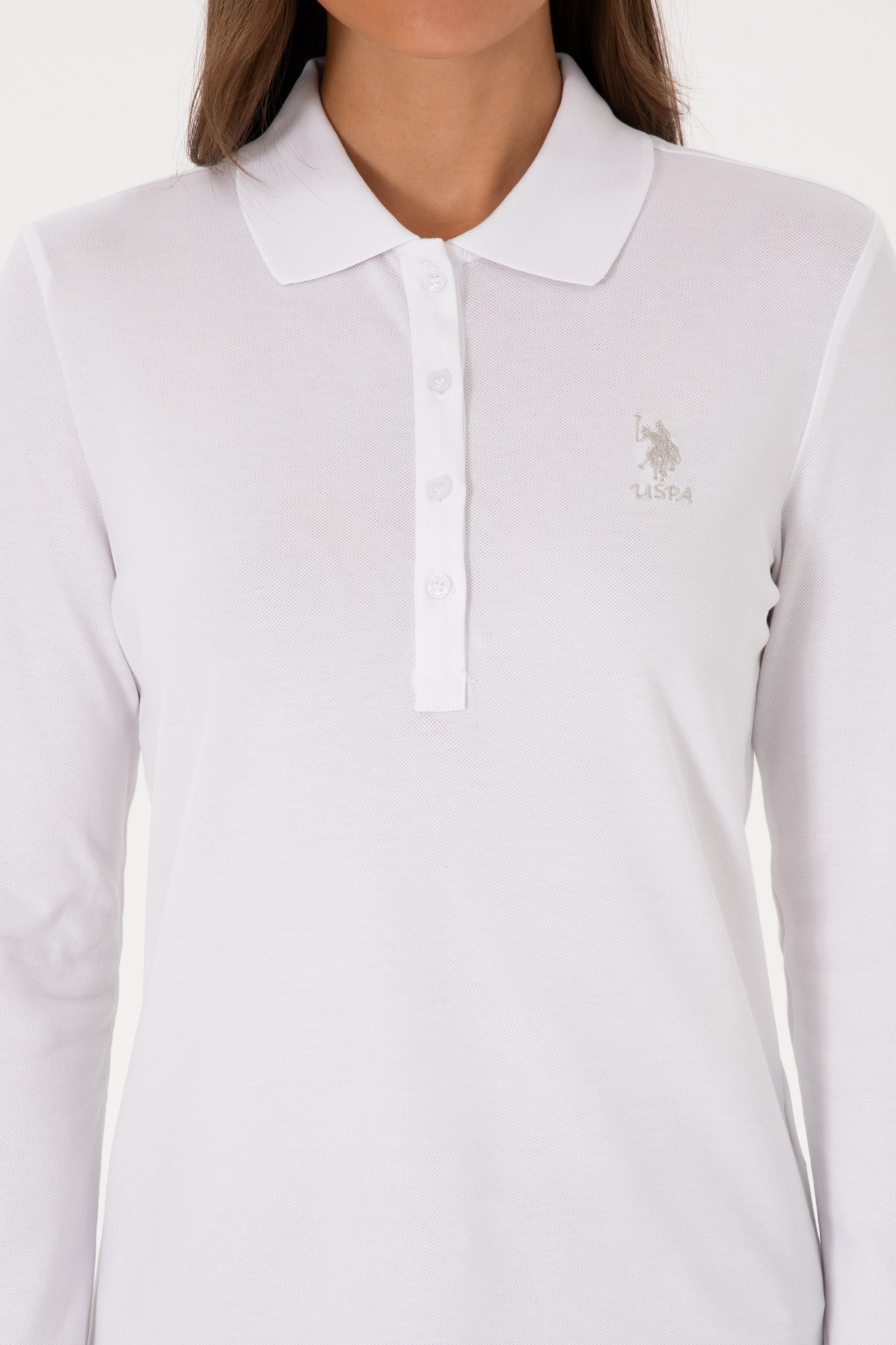 Kadın Beyaz Basic Polo Yaka Sweatshırt - Image 6