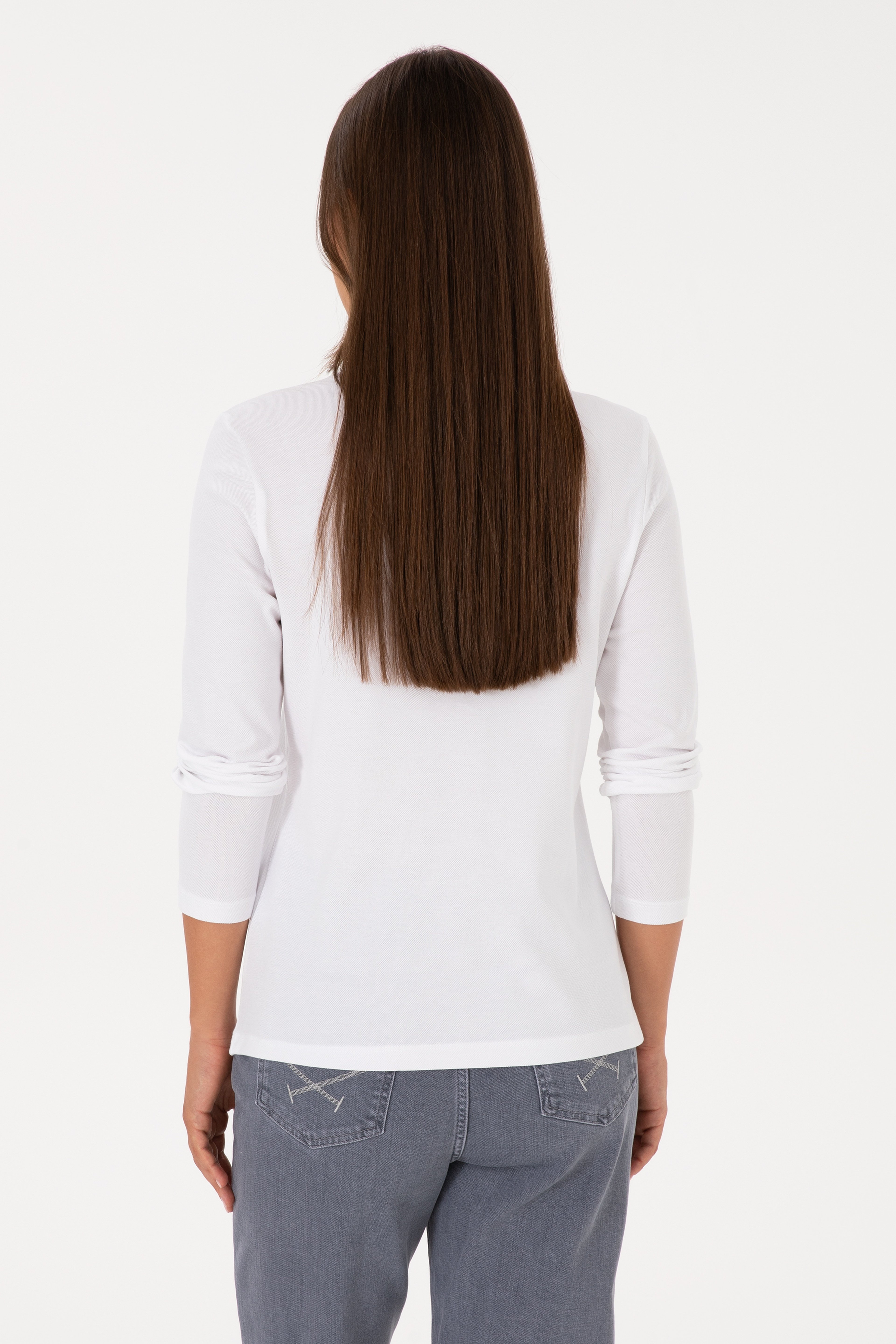 Kadın Beyaz Basic Polo Yaka Sweatshırt - Image 5