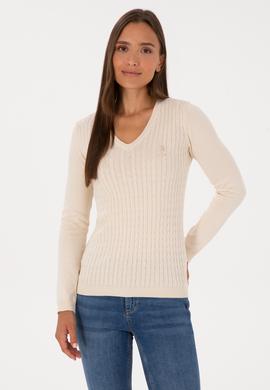 Kadın Beyaz V Yaka Basic Kazak - 50307710055