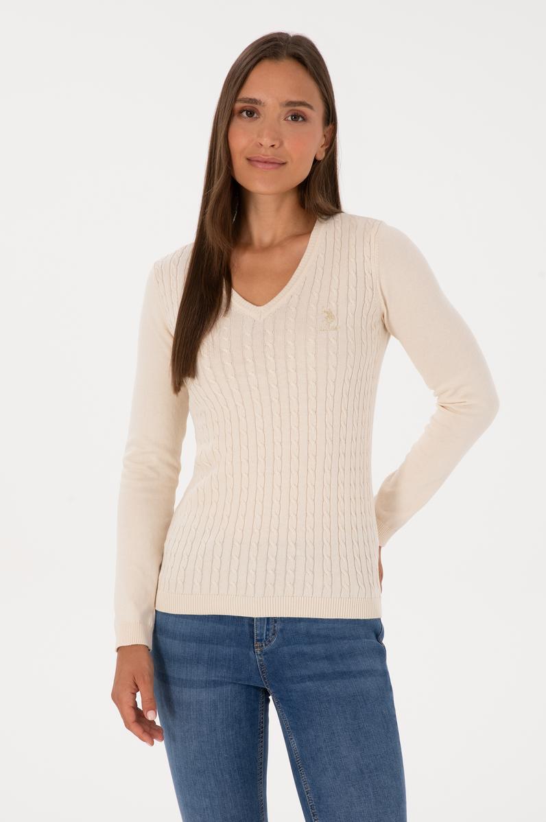 Kadın Beyaz V Yaka Basic Kazak