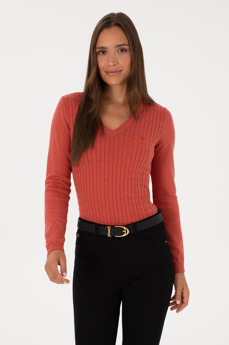 Kadın Gül Kurusu V Yaka Basic Kazak