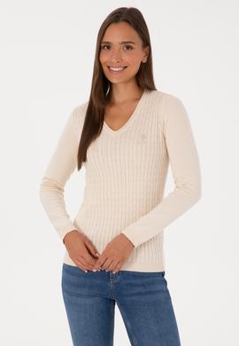 Kadın Beyaz V Yaka Basic Kazak - 50307710055