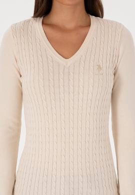 Kadın Beyaz V Yaka Basic Kazak - 50307710055