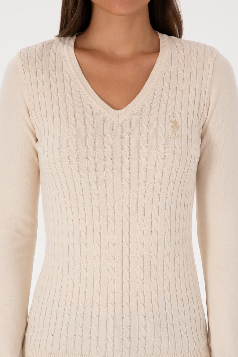 Kadın Beyaz V Yaka Basic Kazak - 50307710055