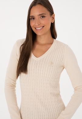 Kadın Beyaz V Yaka Basic Kazak - 50307710055