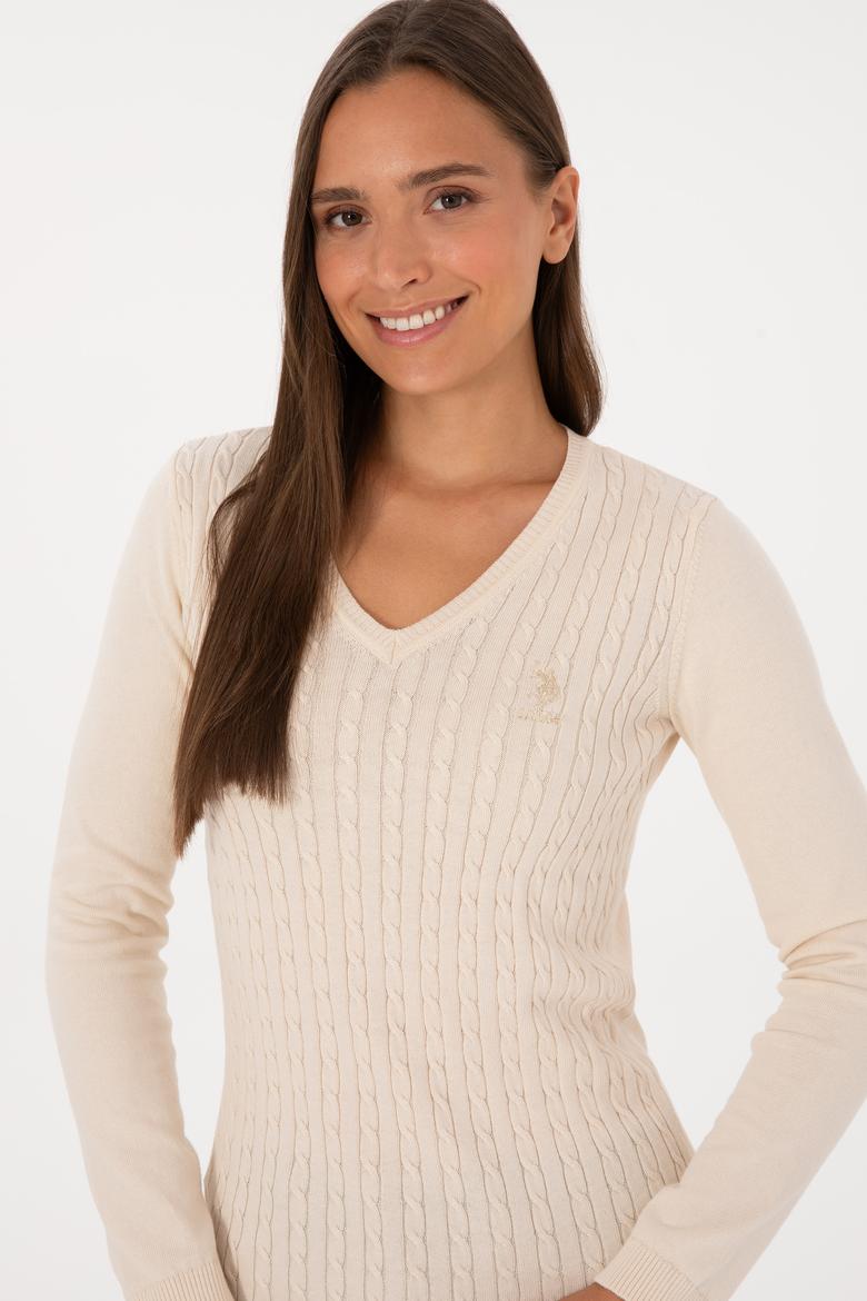 Kadın Beyaz V Yaka Basic Kazak - 50307710055