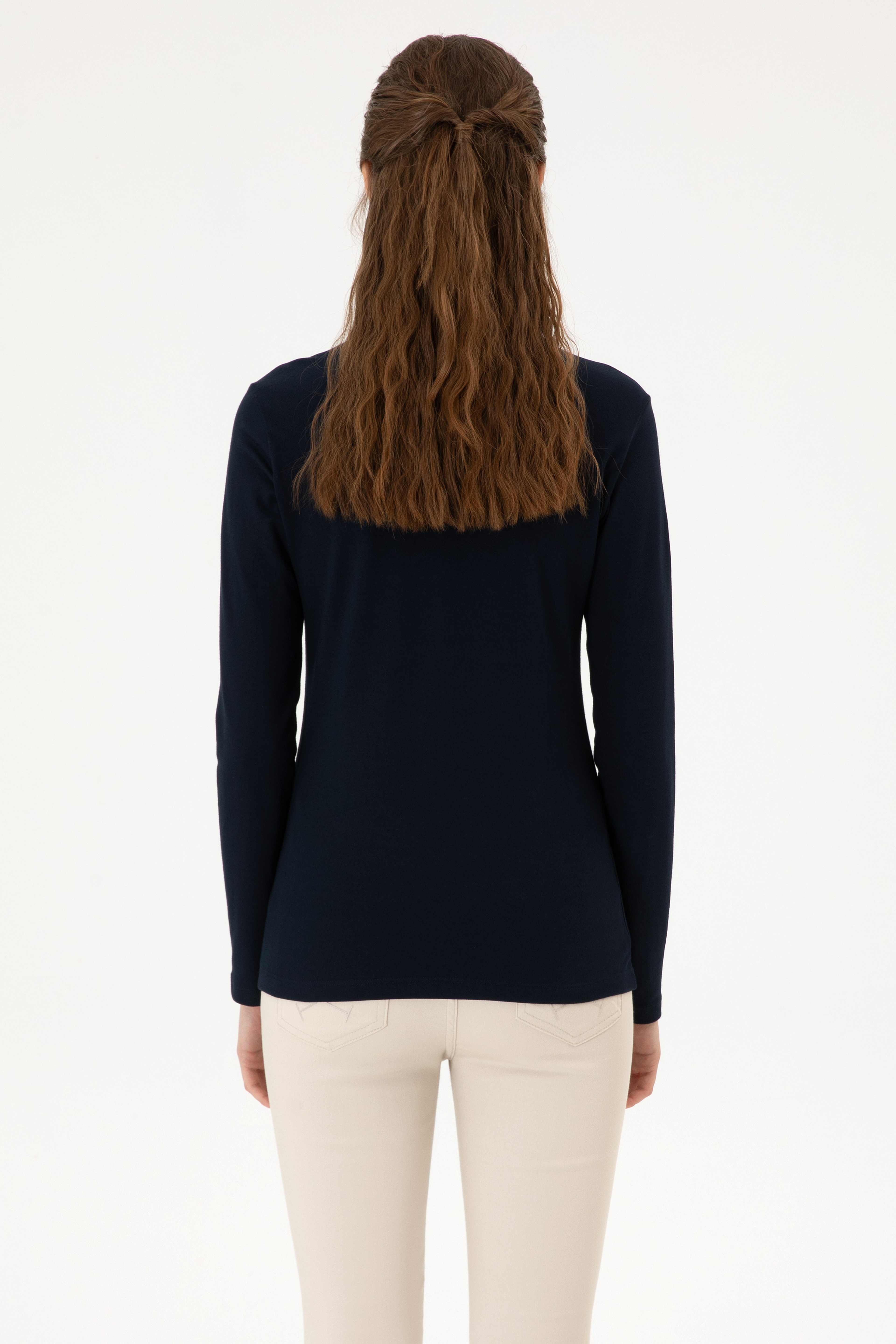 Kadın Lacivert Basic Polo Yaka Sweatshırt - Image 5