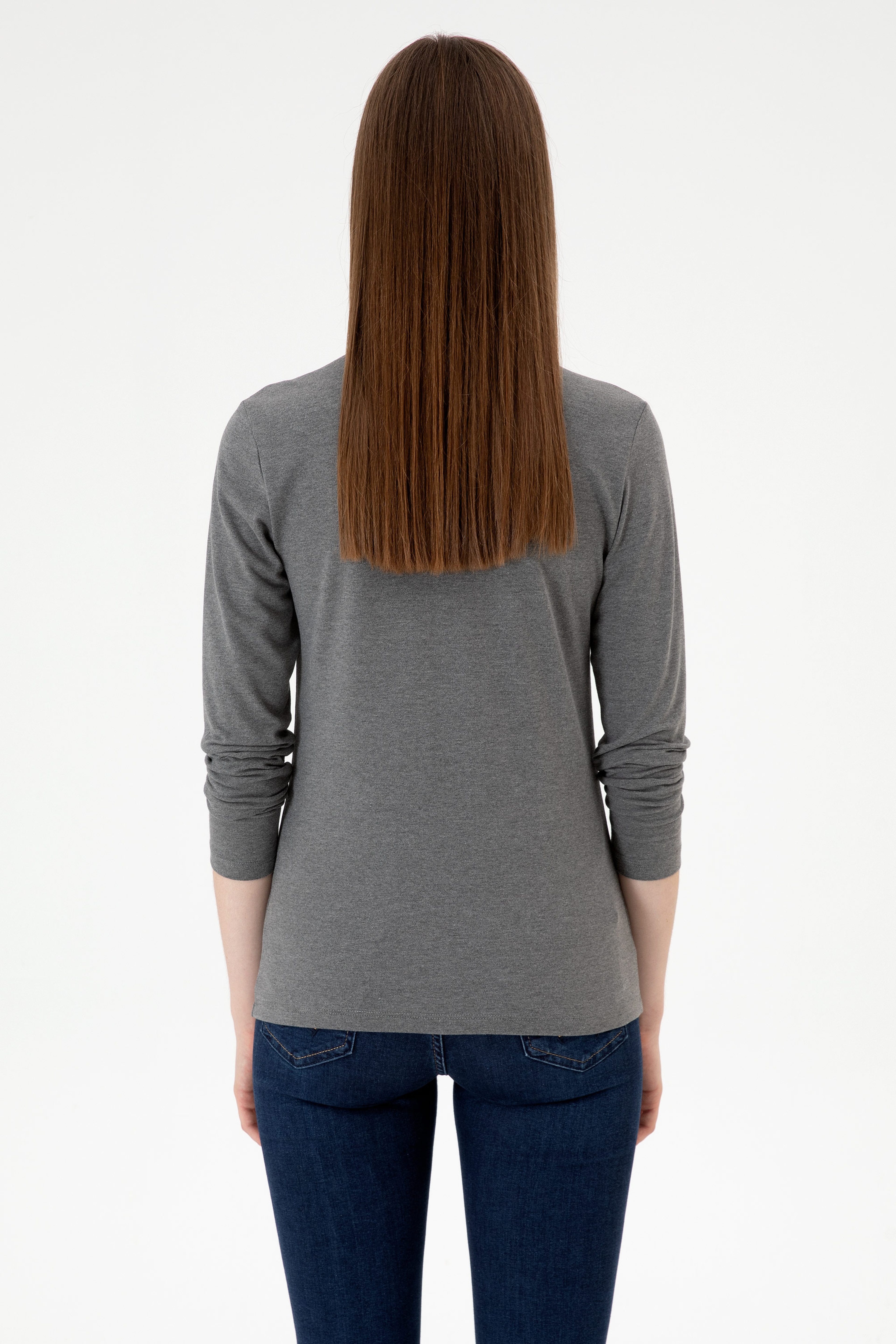 Kadın Antrasit Melanj Basic Polo Yaka Sweatshırt - Image 5