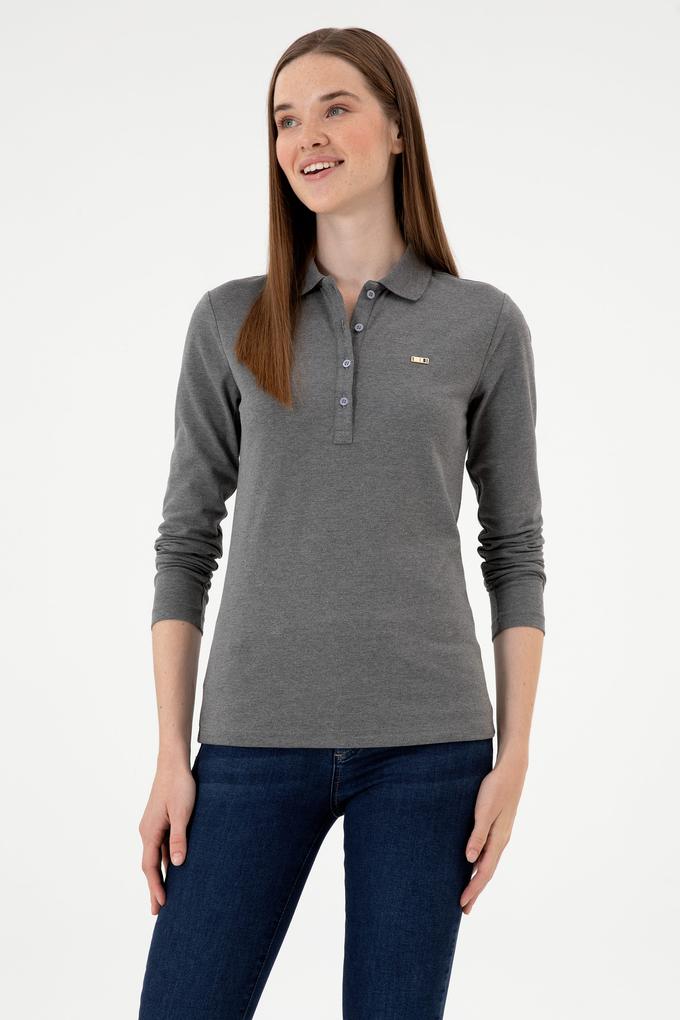 Kadın Antrasit Melanj Basic Polo Yaka Sweatshırt