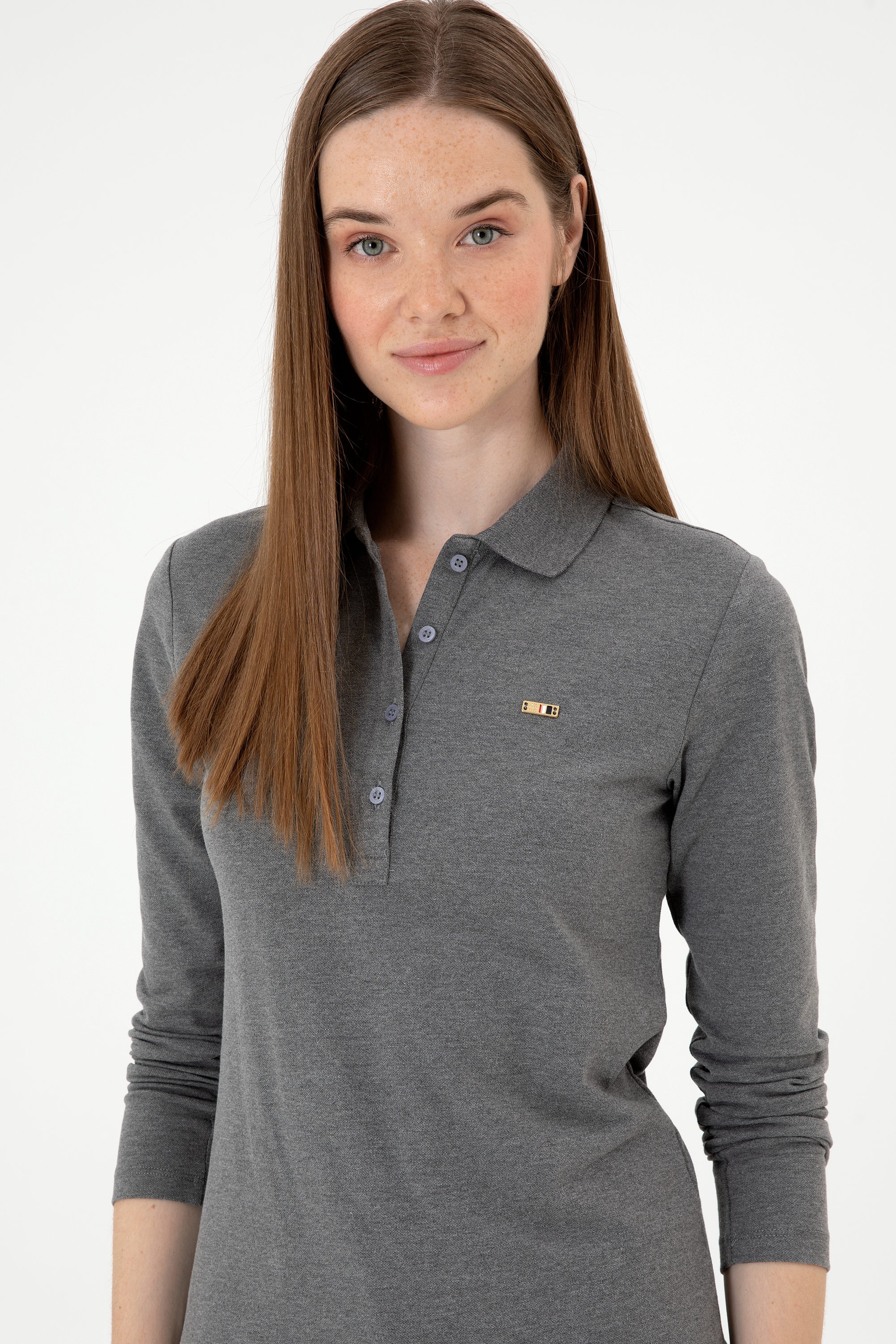 Kadın Antrasit Melanj Basic Polo Yaka Sweatshırt - Image 2
