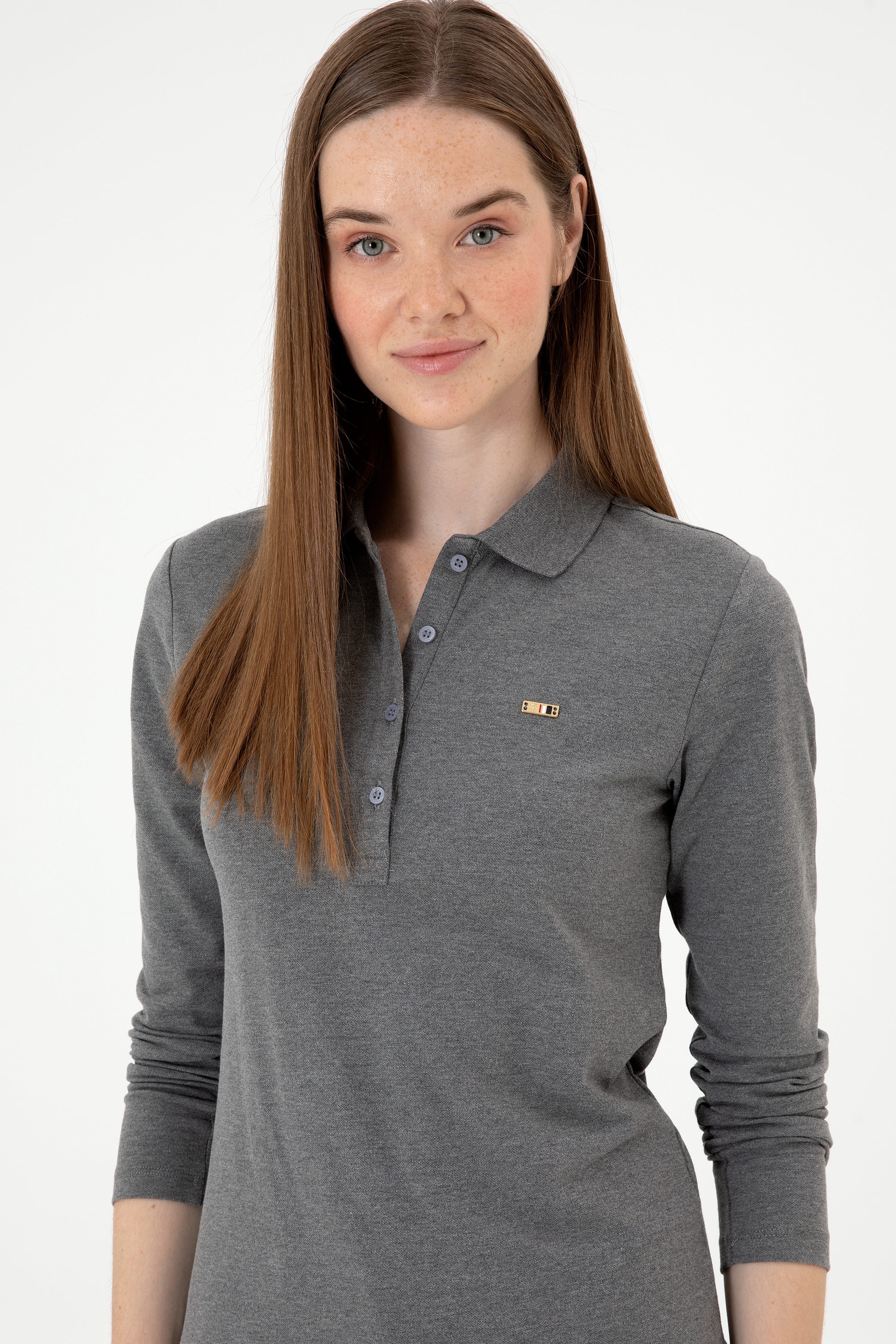 Kadın Antrasit Melanj Basic Polo Yaka Sweatshırt