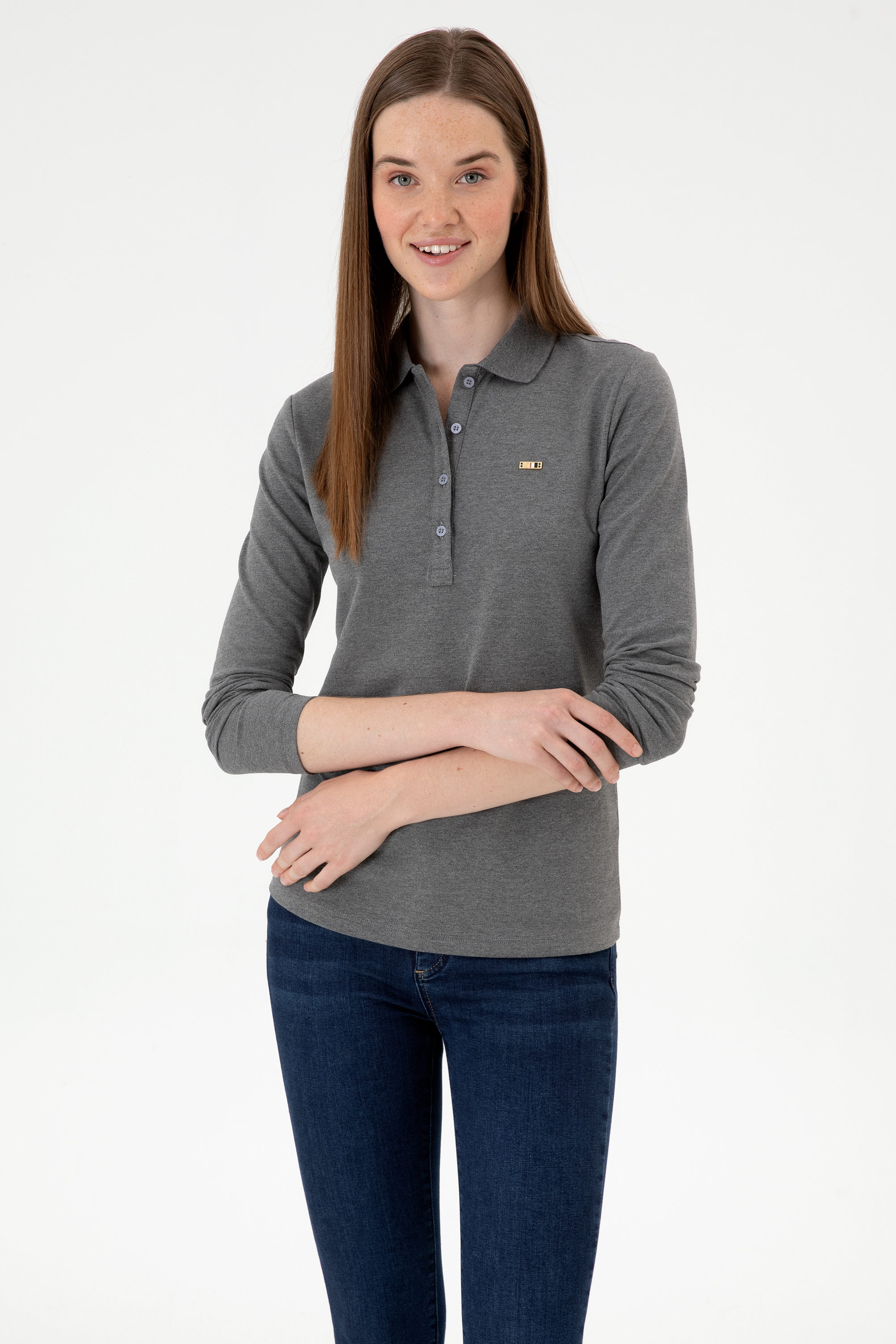 Kadın Antrasit Melanj Basic Polo Yaka Sweatshırt