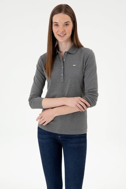 Kadın Antrasit Melanj Basic Polo Yaka Sweatshırt