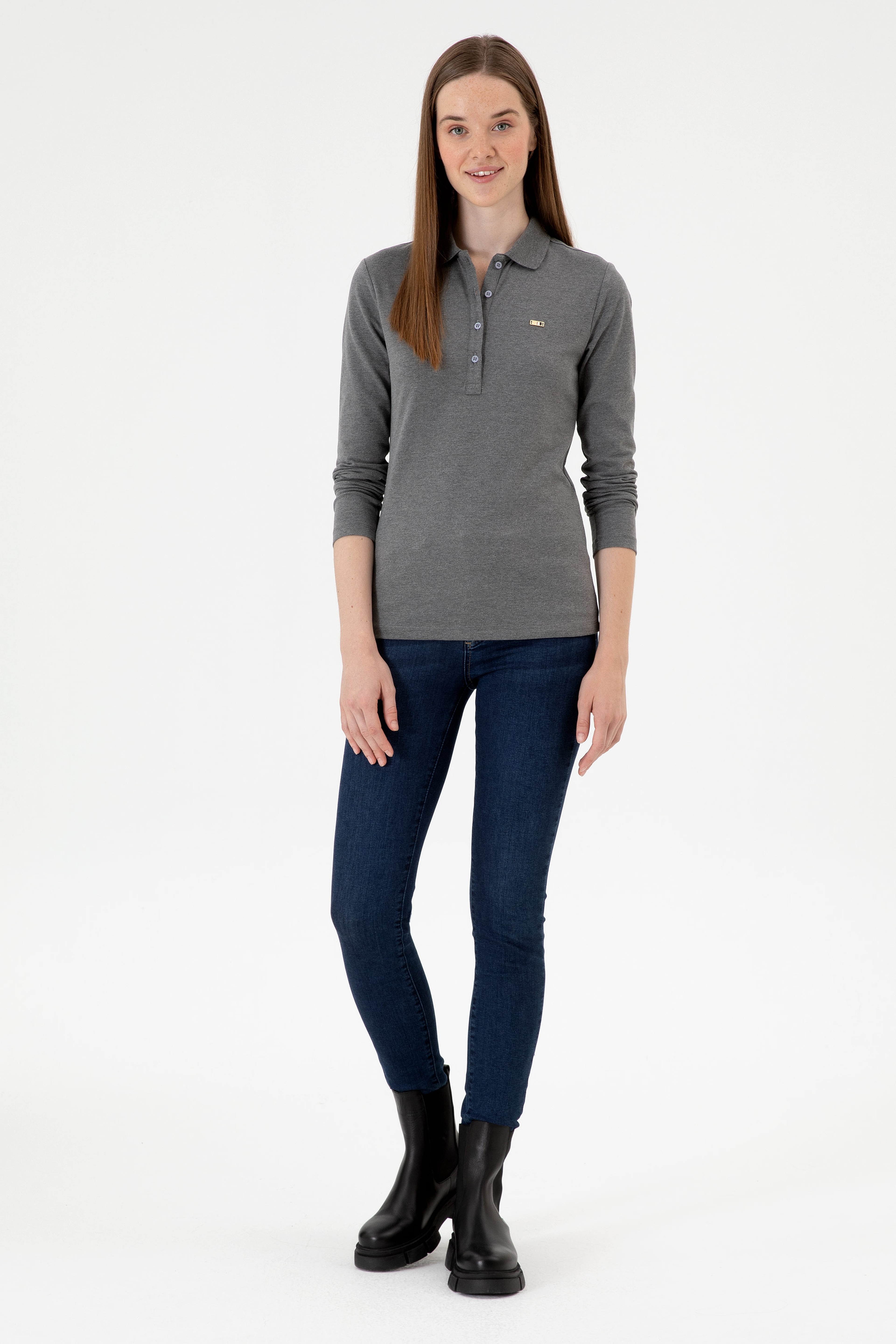 Kadın Antrasit Melanj Basic Polo Yaka Sweatshırt - Image 4
