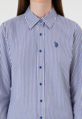 Kadın Saks Çizgili Uzun Kollu Gömlek - 50316492019