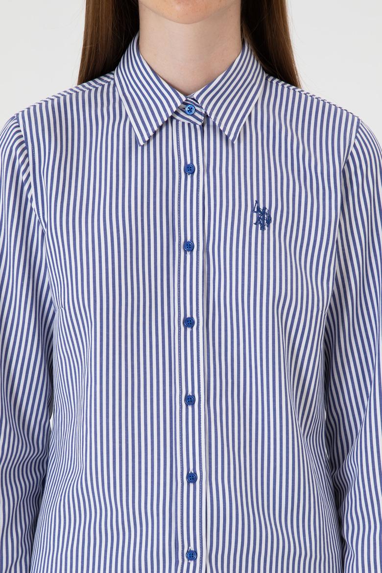 Kadın Saks Çizgili Uzun Kollu Gömlek - 50316492019