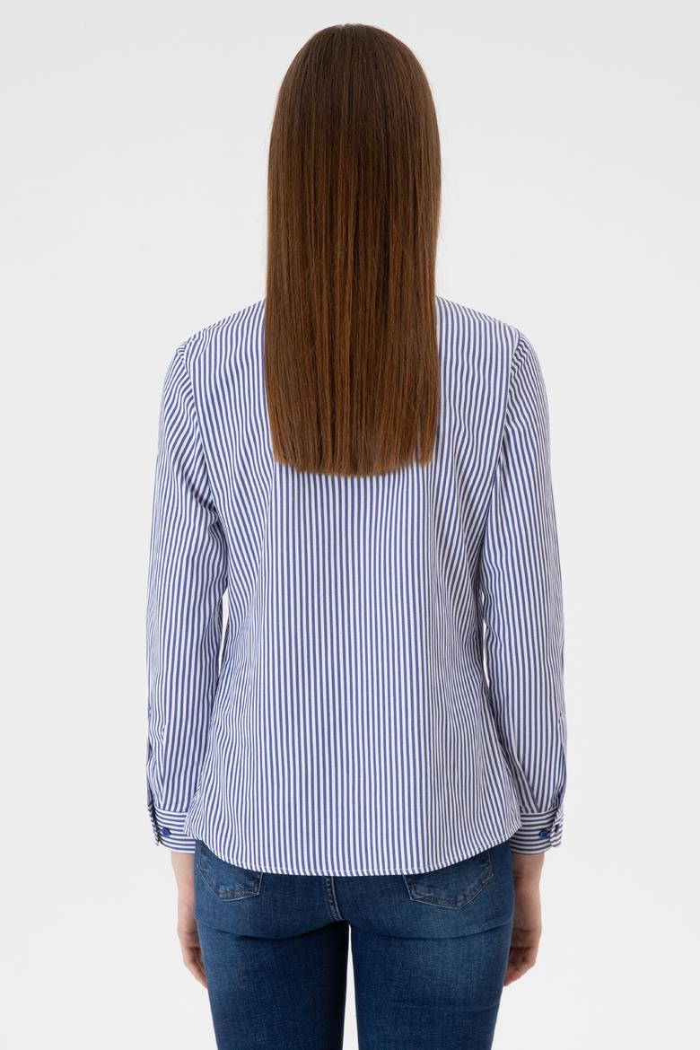 Kadın Saks Çizgili Uzun Kollu Gömlek - 50316492019