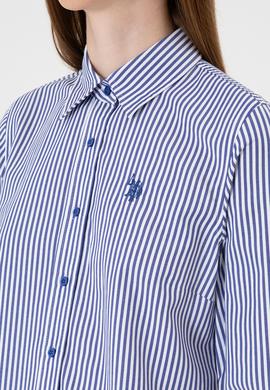 Kadın Saks Çizgili Uzun Kollu Gömlek - 50316492019