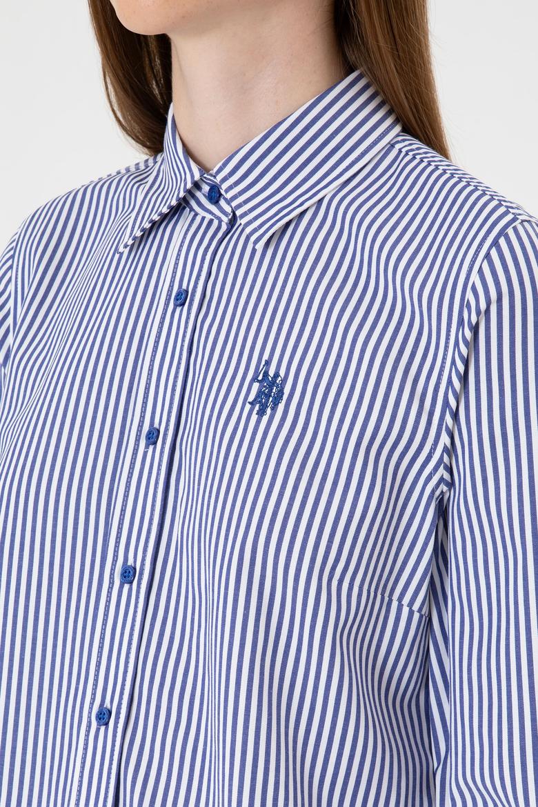 Kadın Saks Çizgili Uzun Kollu Gömlek - 50316492019