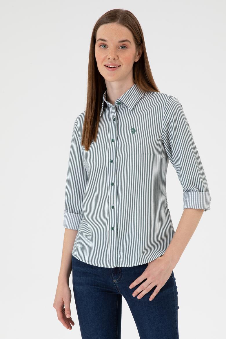 Kadın Koyu Yeşil Çizgili Uzun Kollu Gömlek - 50316492006