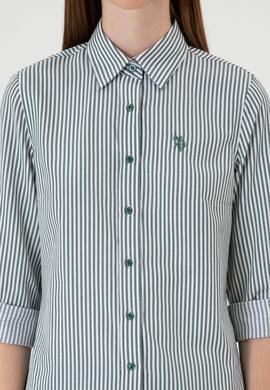 Kadın Koyu Yeşil Çizgili Uzun Kollu Gömlek - 50316492006