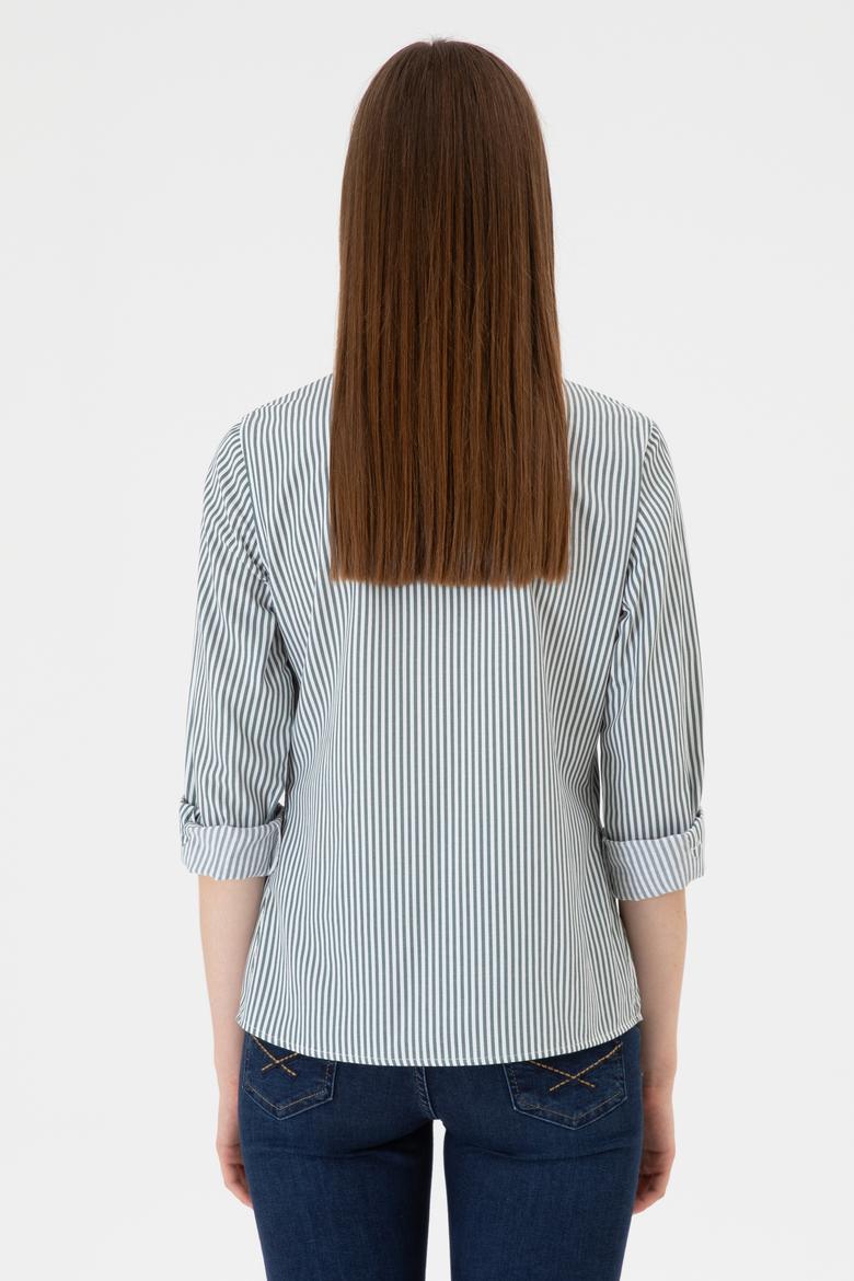 Kadın Koyu Yeşil Çizgili Uzun Kollu Gömlek - 50316492006