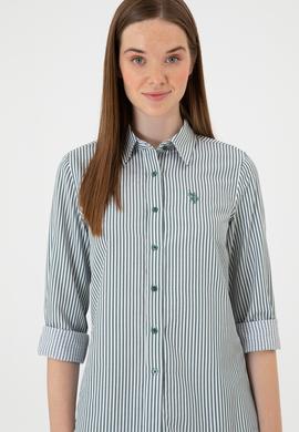 Kadın Koyu Yeşil Çizgili Uzun Kollu Gömlek - 50316492006