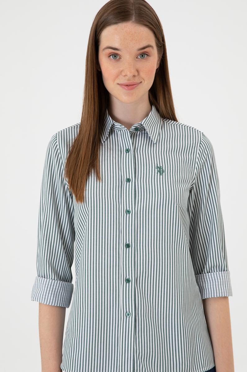 Kadın Koyu Yeşil Çizgili Uzun Kollu Gömlek