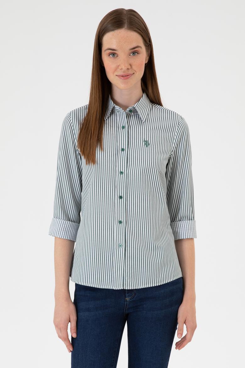 Kadın Koyu Yeşil Çizgili Uzun Kollu Gömlek