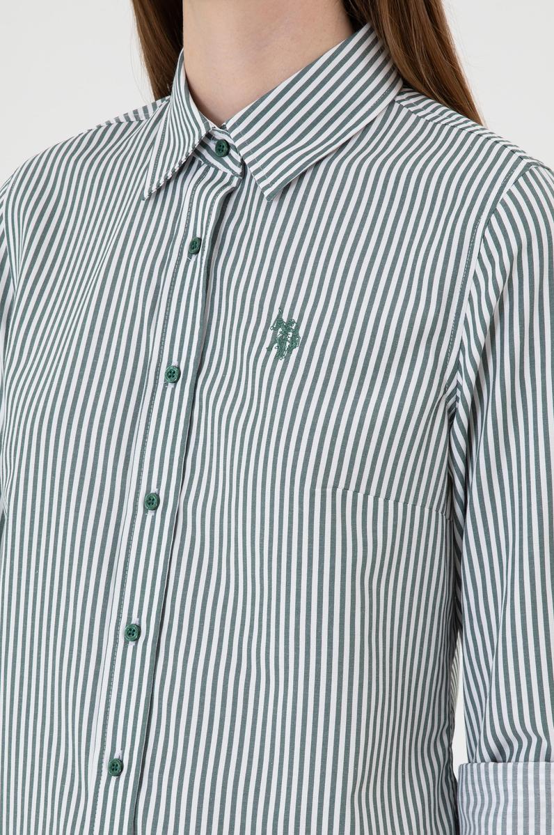 Kadın Koyu Yeşil Çizgili Uzun Kollu Gömlek