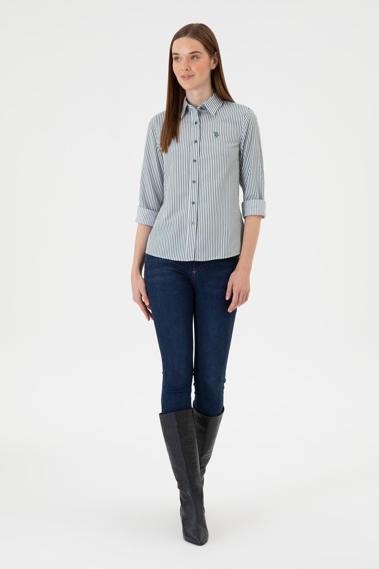 Kadın Koyu Yeşil Çizgili Uzun Kollu Gömlek - 50316492006