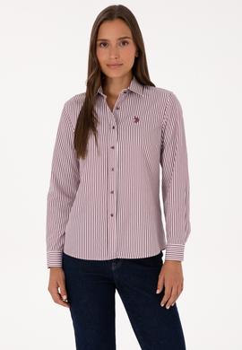 Kadın Bordo Çizgili Uzun Kollu Gömlek - 50316492012