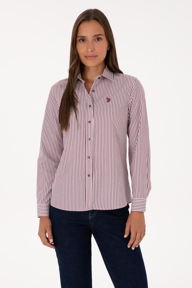 Kadın Bordo Çizgili Uzun Kollu Gömlek - 50316492012