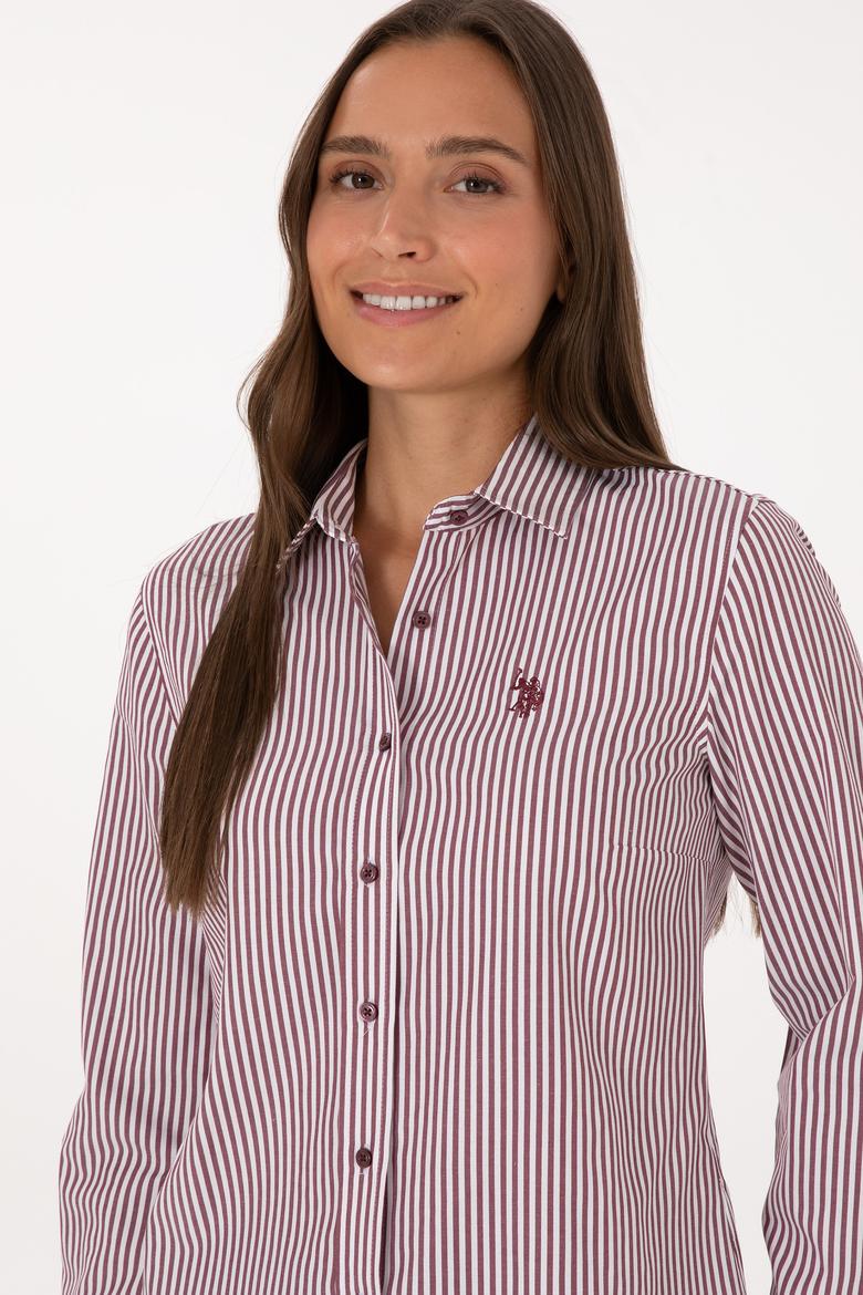 Kadın Bordo Çizgili Uzun Kollu Gömlek - 50316492012