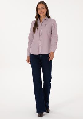 Kadın Bordo Çizgili Uzun Kollu Gömlek - 50316492012