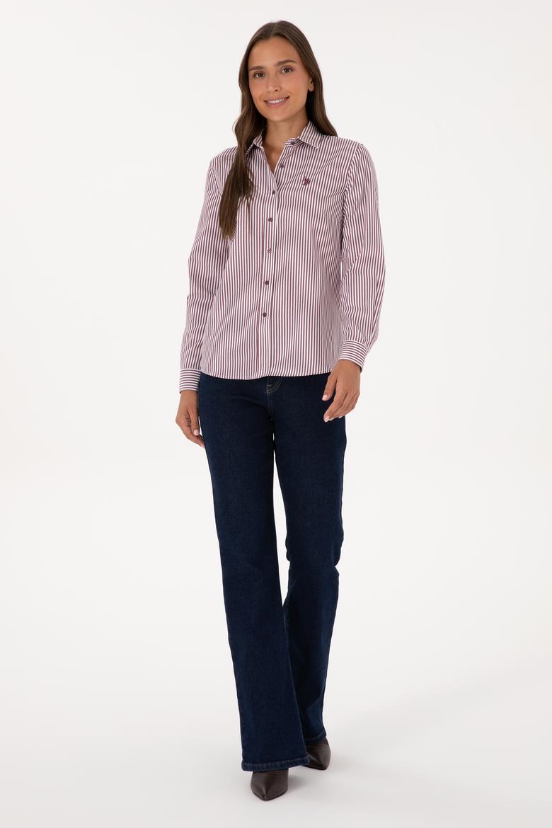 Kadın Bordo Çizgili Uzun Kollu Gömlek - 50316492012