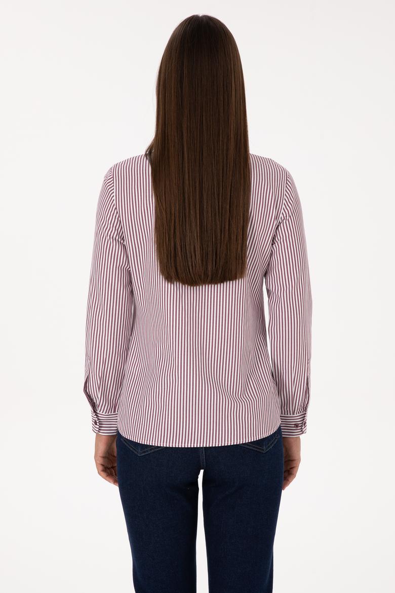 Kadın Bordo Çizgili Uzun Kollu Gömlek - 50316492012