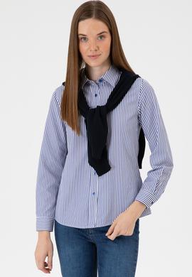 Kadın Saks Çizgili Uzun Kollu Gömlek - 50316492019