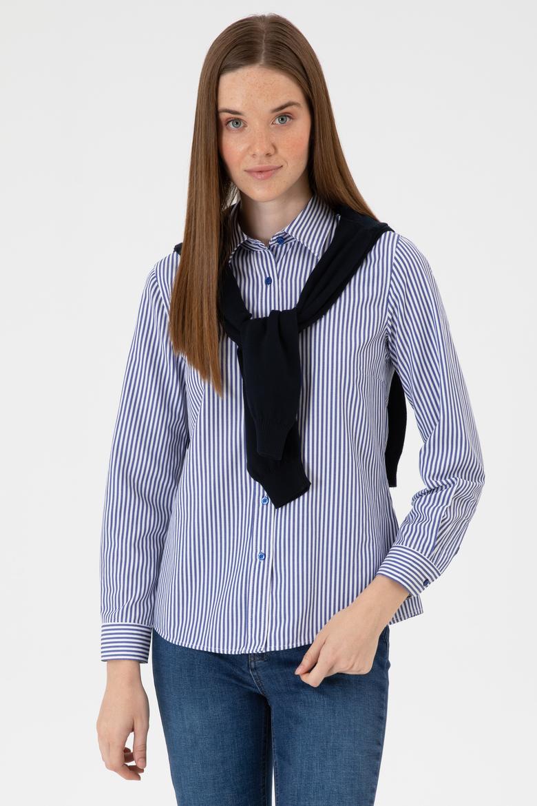 Kadın Saks Çizgili Uzun Kollu Gömlek - 50316492019