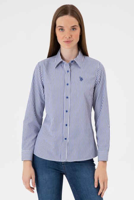 Kadın Saks Çizgili Uzun Kollu Gömlek