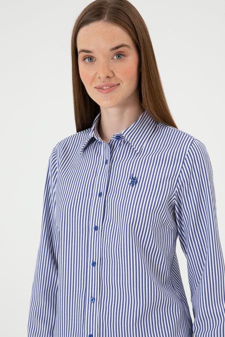 Kadın Saks Çizgili Uzun Kollu Gömlek