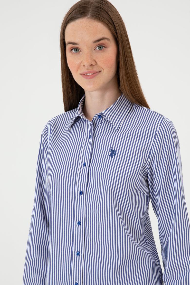 Kadın Saks Çizgili Uzun Kollu Gömlek - 50316492019