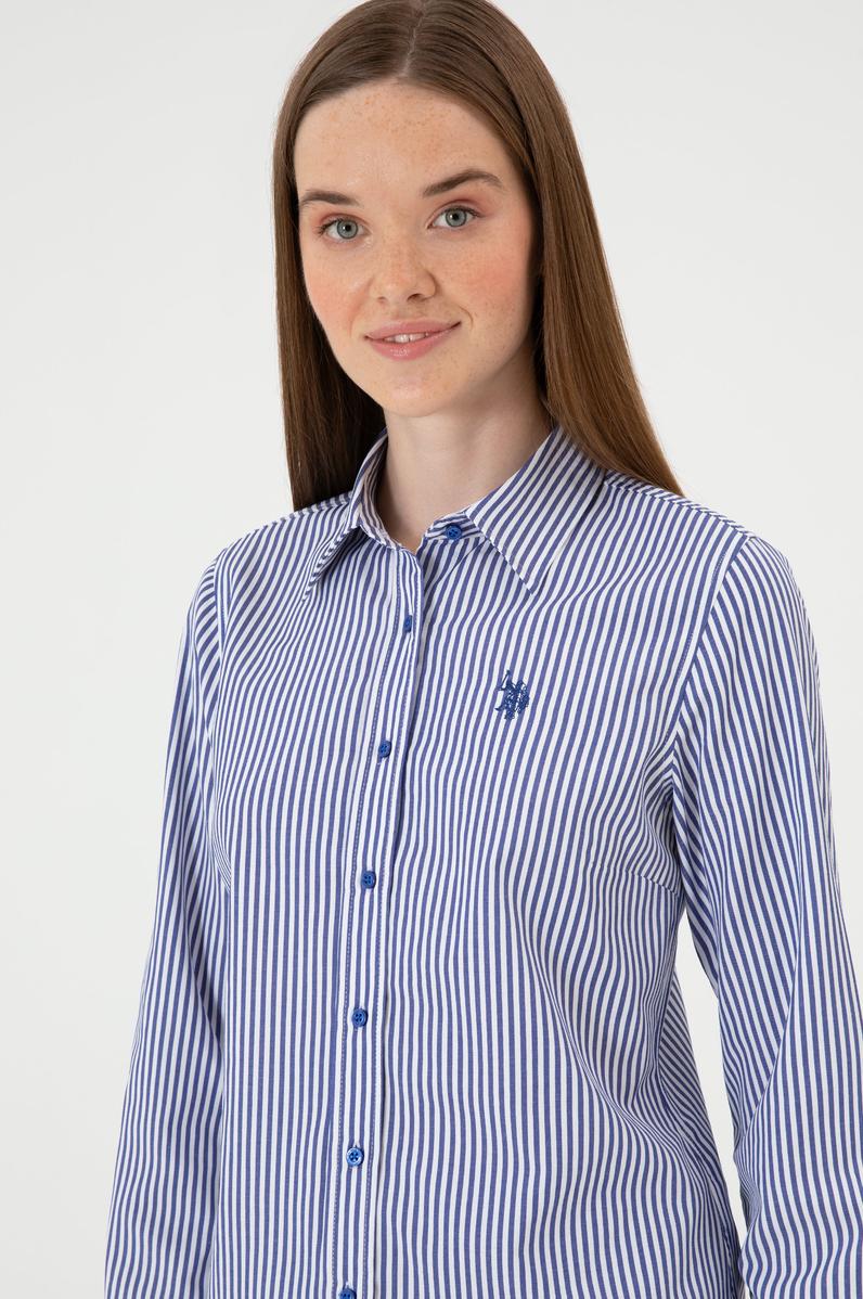 Kadın Saks Çizgili Uzun Kollu Gömlek