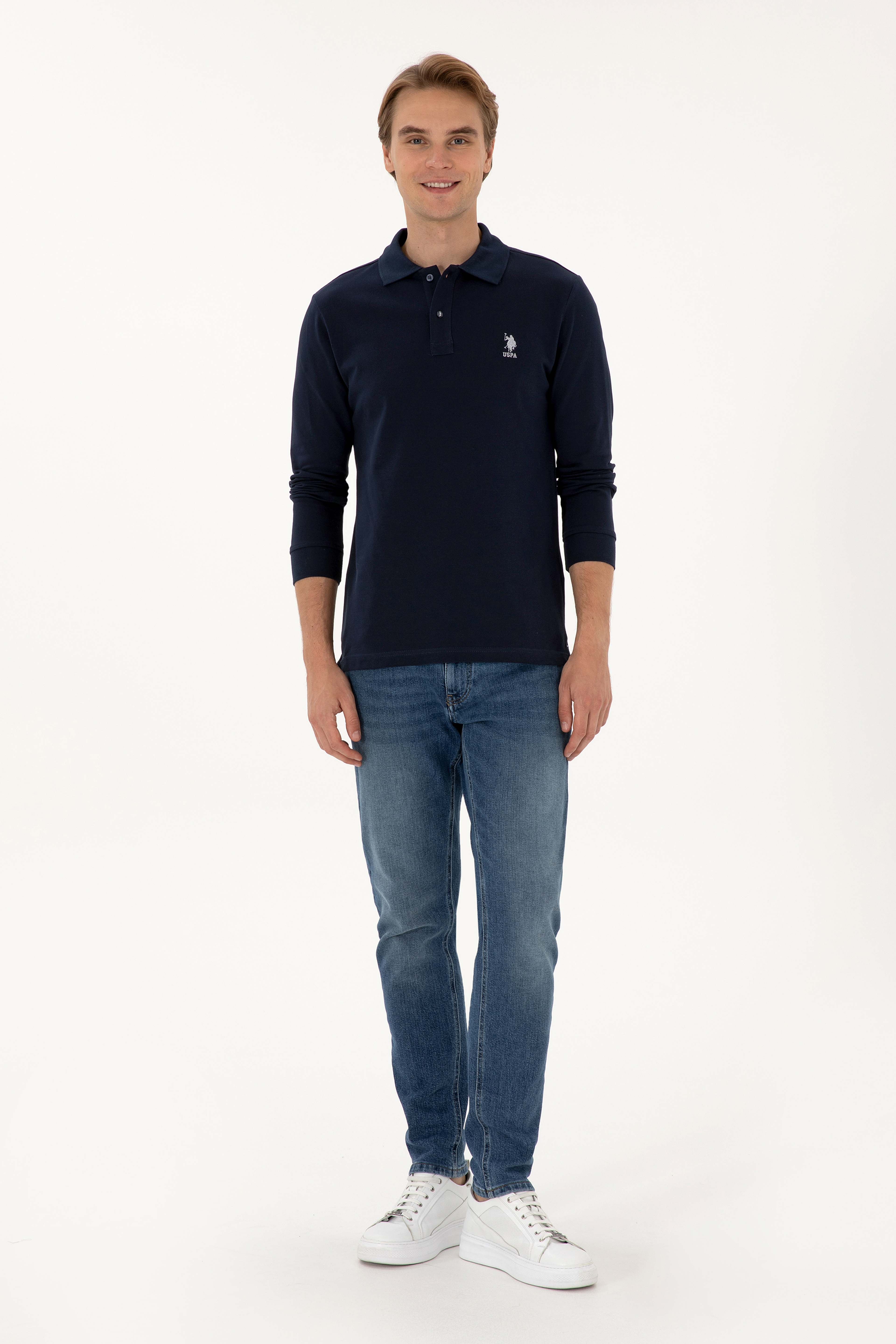 Erkek Regular Fit Polo Yaka Lacivert Basic Sweatshirt