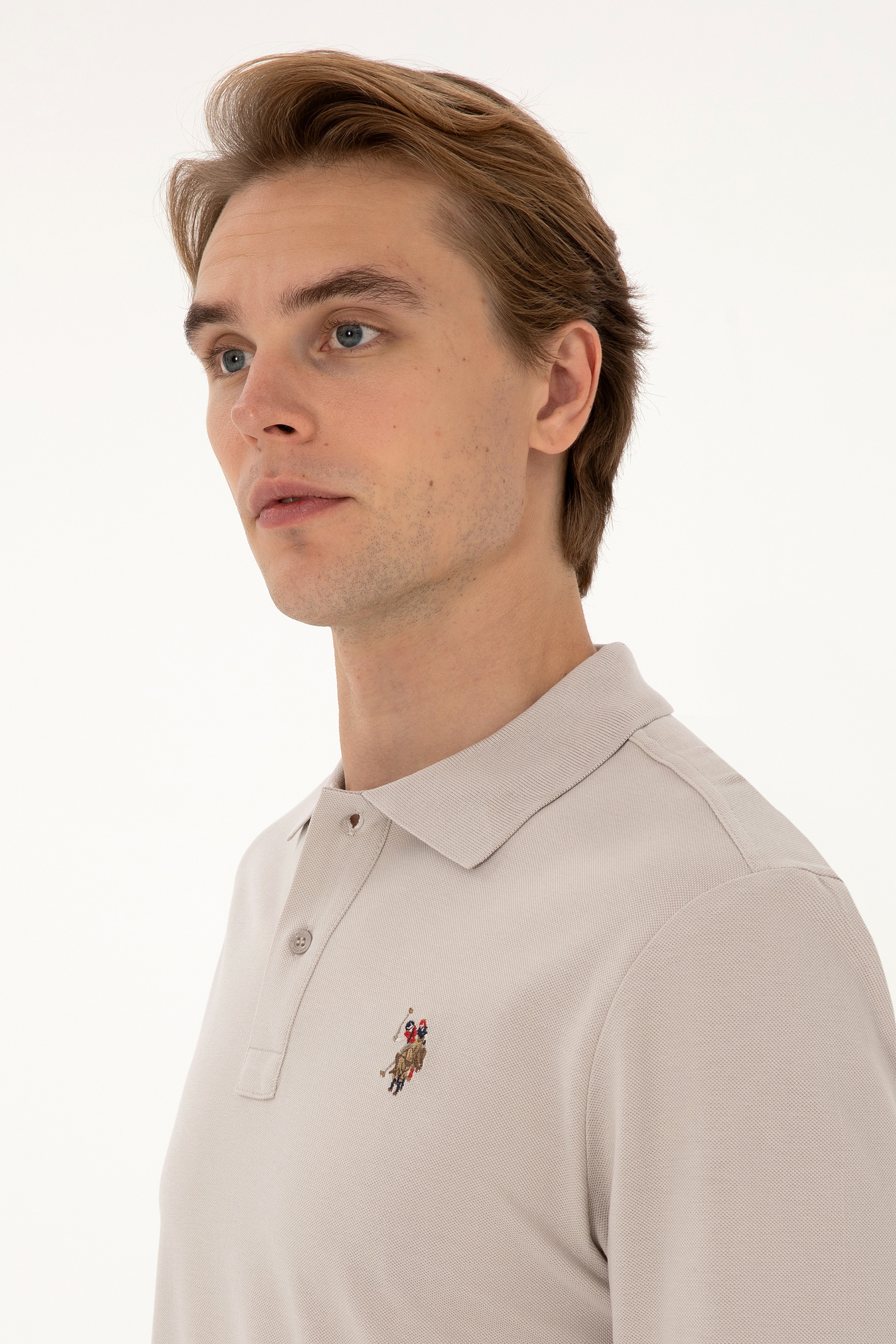 Erkek Regular Fit Polo Yaka Taş Basic Sweatshirt - Image 2