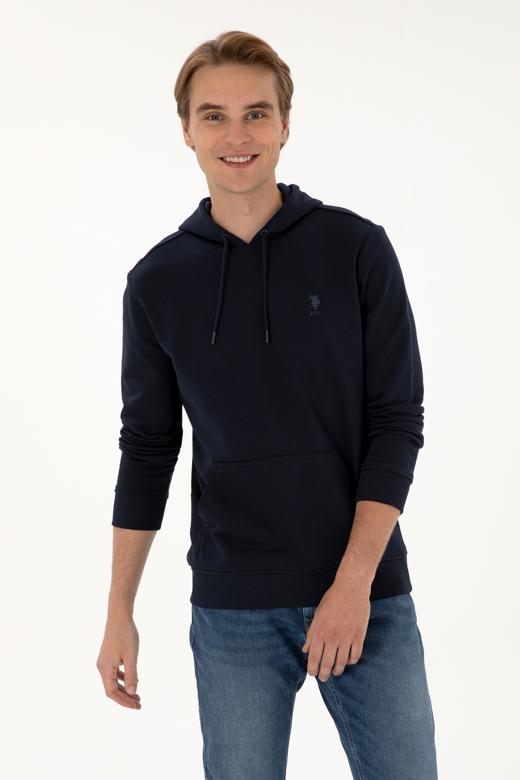 Erkek Regular Fit Kapüşonlu Lacivert Basic Sweatshirt - Image 3