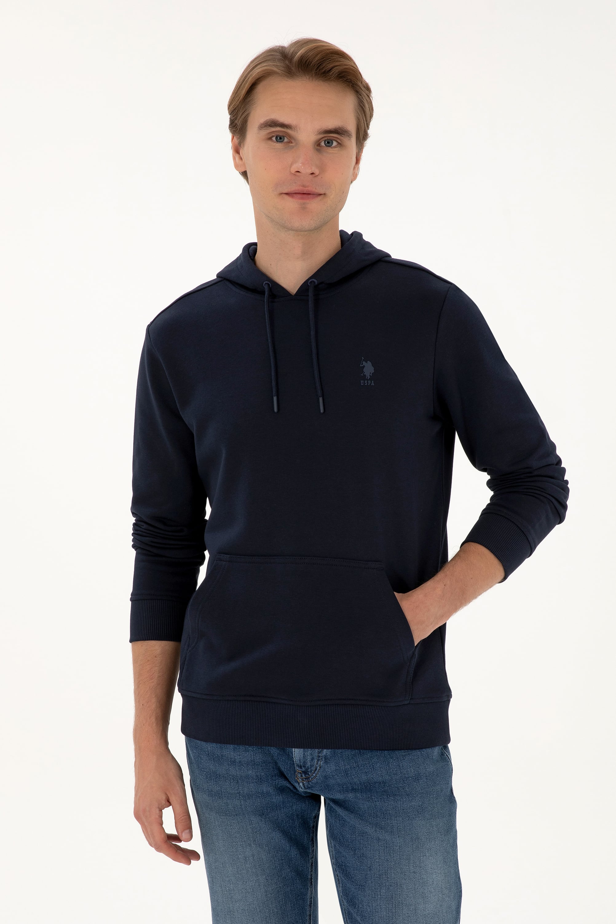 Erkek Regular Fit Kapüşonlu Lacivert Basic Sweatshirt - Image 1